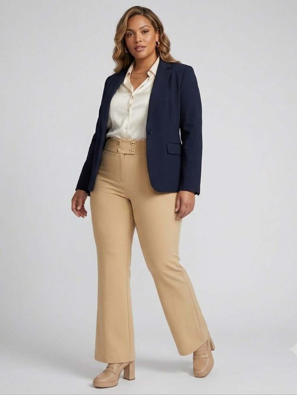 Ella Rafaella Flare Bootcut Leg Pant Gold Button Front Biege Color Plus Size